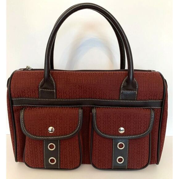 Pedro Rogado Satchel Burgundy Logo Print with Brown Leather Trim Made in Spain - Picture 1 of 10